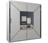 (White, Width 203cm) Modern Mirror Sliding Wardrobe with LED Light