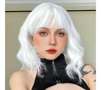 White Wig with Bangs Short Wavy Wigs for Women Shoulder Length Curly Synthetic Wig Heat Resistant Wigs for Halloween Cosplay Party Daily Wear