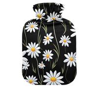 White Wild Daisies on a Black Hot Water Bottles with Soft Cover Hot Water Bag for Neck, Shoulder and Menstrual Cramps Small