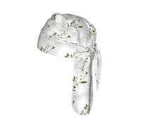 White Wild Green Twig Print Cycling Skull Cover Moisture Wicking Headwrap Under Helmet Tie Back Modern Beanie 22-24 In