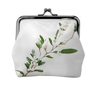 White Wild Green Twig Print Vintage Leather Change Purse Elegant Small Coin Purse for Women Coin Pouch Wallet Mini