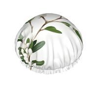 White Wild Green Twig Printed Reusable Bathing Cap, Dual Layer Hair Cover For Long Thick Hair, 10.6in Headgear