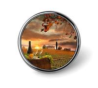 White Wine Glass Green Grapes with Barrel on Vineyard Sunrise Italy Round Brooch Pin, Unisex Smooth Surface Lapel Tie Pin, Lightweight Badge Jewelry Crafts Decor for Costume Accessory Men Women
