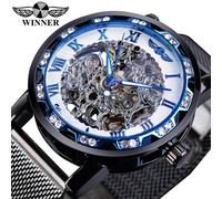 (white) Winner Golden Watches Men Skeleton Mechanical Watch Crystal Mesh Slim Stainless Steel Band Top Brand Luxury Hand Wind Wristwatch Business Watch