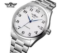 (white) Winner New Top Men's Watch Simple Fashion Men's Automatic Mechanical Strap Calendar Silver Stainless Steel Strap Pu Strap
