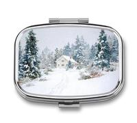 White Winter Forest with A House Pill Box 2 Compartment Portable Medicine Pill Case Travel Pill Organizer for Pocket Purse