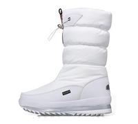 White Winter Snow Boots Women Waterproof Slip-On Mid Calf Snow Boots with Drawstring Cuff Fleece Fur Lined Warm Thick Soled Non-Slip Winter Boot Comfortable Outdoor Cold Weather Ski Boot for Ladies 5
