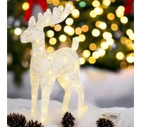( White with Glitter) 2x LED Light Up Christmas Reindeer Rattan Metal Wire Stag Statue Decoration 45cm