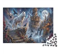 White Wolf 1000 Pcs Recycled Cardboard DIY Jigsaw Puzzle Moonlit Ancient Castle Gift Cognitive Stimulation Group Activity Unique Pattern 38x26cm/1000pcs