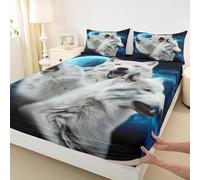 White Wolf 3D Print Fitted Sheet Twin Size Night Moon Bedding Set 2pcs for Kids Teens Room Decor,Wild Animals Bed Cover Soft Breathable Bed Sheet Set with 1 Pillowcase