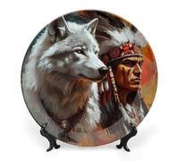 White Wolf and Indians Decorative Plate Ceramic China Plates with Display Stand for Home Wall Decor 7inch