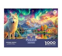 White Wolf, Aurora-lit Mountain Lake Scene 1000 Piece Jigsaw Puzzle Cool Wolf Recycled Cardboard, Great Gift for All Ages 70x50cm/1000pcs
