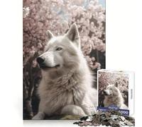 White Wolf Cherry Blossom Hard Jigsaw Puzzle for Adults 1000 Pieces Focus Enhance Restful Activity Smooth Cut Winter Gift (38x52cm)