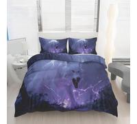White Wolf Duvet Cover Superking Size, Purple Lightning Print Bedding Set, Soft Microfiber Wild Animal Comforter Cover with 2 Pillowcases, with Zipper Closure & Corner Ties X218g