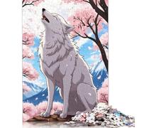 White Wolf in Cherry Blossoms Puzzle Family Fun Paper Rectangular Jigsaw Puzzle for Boy Or Girl Children's Day Gifts 1000pcs (26x38cm)
