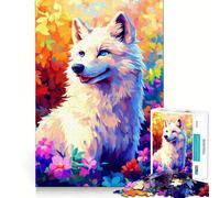 White Wolf in Flowers Adults 1000 Pieces Puzzle Mind Training Fun Burr Free Clean Cut Pieces Heartwarming Gathering Activity (38x52cm)