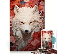 White Wolf in Red Flowers 1000 Piece Adult Puzzles Logic Puzzle Play Precision Cut Smooth Edges for Family Gatherings (38x26cm)
