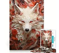 White Wolf in Red Flowers Jigsaw Puzzle 1000 Recall Fun Play Advanced Laser Cutting Tech Holiday Indoor Entertainment Toy (50x75cm)