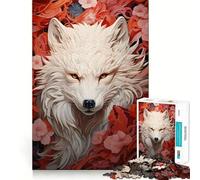 White Wolf in Red Flowers Jigsaw Puzzle1000 Pieces Mind Train Fun Clean Cut Sturdy Components Captivating Leisure for Cozy Indoors (38x52cm)