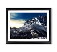 White Wolf Mountain Landscape Modern Framed Print | A2 Black Framed Wall Art | Ready to Hang | Modern Animal Picture | Living Room Bedroom Lounge Office