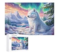 White Wolf on Snowy Mountain with Aurora 1000 Piece Jigsaw Puzzle for Couples Office Break Relaxation Stress Relief Gift for Anniversary 1000 PCS
