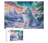 White Wolf on Snowy Mountain with Aurora 300 Piece Jigsaw Puzzle for Adults Office Desk Break Mental Focus Gift for Workday 300 PCS