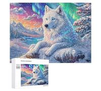 White Wolf on Snowy Rock with Starry Forest 500 Piece Jigsaw Puzzle for Family Indoor Entertainment Strategic Thinking Gift for Family Event 500 PCS