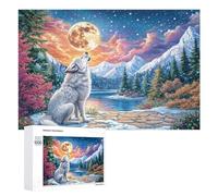 White Wolf on Stone Path with Moonlit Lake 1000 Piece Jigsaw Puzzle for Seniors Indoor Activity Cognitive Engagement Gift for Holiday Season 1000 PCS