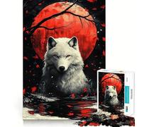 White Wolf Red Moon Jigsaw 1000 Pieces for Teenagers Mind Boost Fun Zero Gap Captivating Leisure for Cozy Indoors (38x52cm)