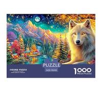 White Wolf Rests by A Lit Village, Moonlit Mountains And Forest 1000-Piece Jigsaw Puzzle Enchanted Spirit Wolf - Educational Toy for Kids Age 12+ & Adults 70x50cm/1000pcs