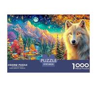 White Wolf Rests by A Lit Village, Moonlit Mountains And Forest 1000-Piece Jigsaw Puzzle Enchanted Spirit Wolf - Brainteasing Challenge for Adults & Kids 38x26cm/1000pcs