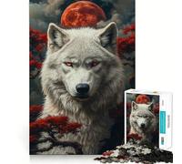 White Wolf Under Blood Moon Adults 1000 Pieces Puzzle Mind Training Fun Burr Free Clean Cut Pieces Heartwarming Gathering Activity (50x75cm)