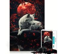 White Wolf Under Blood Moon Jigsaw Puzzles 1000 Mental Focus Game Precision Cut Smooth Edges Meaningful Connection Building Game (50x75cm)
