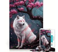 White Wolf Under Cherry Blossom Tree 1000 Piece Adult Puzzles Logic Puzzle Play Precision Cut Smooth Edges for Family Gatherings (38x26cm)