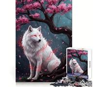 White Wolf Under Cherry Blossom Tree for Adults 1000 Piece Puzzle Think Training Serene Escape Defined Edges Creative Gift (50x75cm)