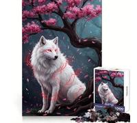 White Wolf Under Cherry Blossom Tree Jigsaw Puzzles for Adults 1000 Piece Mental Exercise Mindful Leisure Snug Lock (38x52cm)