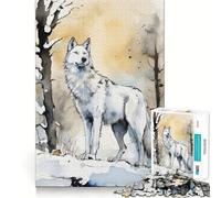 White Wolf Watercolor Jigsaw Puzzles 1000 Pieces Focus Boost Fun Laser Cut for Flawless Fit Bonding Activity for Loved Ones (50x75cm)