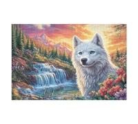 White Wolf Waterfall Forest Wildlife Wild Nature Beautiful 1000 Piece Jigsaw Puzzle for Adults Garage Wall Art Man Cave Decor No Duplicate Pieces for Men 1000 PCS