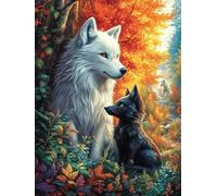 White Wolf with A Black Wolf in An Autumn Forest 1000 Pieces Set Classic Jigsaw Puzzle Wildlife Pet Teen Fans 14-18 Yrs Logic Skill Leisure Adventure Valentines Gift Eco-friendly Recycled Cardboard 1