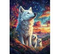 White Wolf with A Cub at Dusk 300 Pieces Set Classic Jigsaw Puzzle Science Fiction Magical Dream Couple Puzzle Partners Mind Relaxation Wall Decor Easter New Year Premium Cardboard 300 PCS
