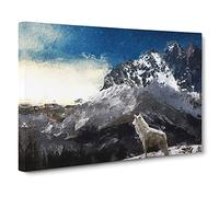 White Wolf With A Mountain Landscape Canvas Print | Gallery Wrapped 30mm Frame Wall Art | 20x14 inches | Ready to Hang | Modern Animals Picture | Living Room Bedroom Lounge Office
