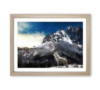 White Wolf With A Mountain Landscape Modern Art Framed Print | A3 Oak Framed Wall Art | Ready to Hang | Modern Animal Picture | Living Room Bedroom Lounge Office