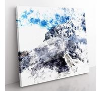 White Wolf with a Mountain Landscape Watercolour Modern Canvas Wall Art Print Ready to Hang, Framed Picture for Living Room Bedroom Home Office Décor, 35x35 cm (14x14 Inch)