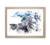 White Wolf With A Mountain Landscape Watercolour Modern Framed Print | A2 Oak Framed Wall Art | Ready to Hang | Modern Animal Picture | Living Room Bedroom Lounge Office