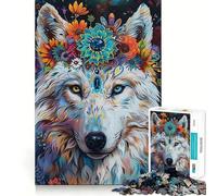 White Wolf with Flowers Adult Jigsaw Puzzles1000 Pieces Brain Game Gift High Precision Die Cut Relaxing Indoor Group Activity (38x26cm)