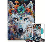 White Wolf with Flowers Jigsaw for Adults 1000 Pieces Brain Memory Game Laser Cut for Flawless Fit Unique Gift for Stress Relief (50x75cm)