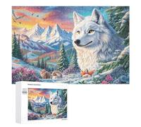White Wolf with Foxes in Floral Winter Valley 1000 Piece Count Jigsaw Puzzle Set For Adults Teens 14+ Concentration Training Indoor Game Family Game Night Rigid Cardboard 1000 PCS