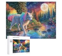 White Wolf with Rainbow Fur by Moonlit Stream 500 Pieces Set Classic Jigsaw Puzzle Teen Fans 14-18 Yrs Logic Skill Leisure Adventure Valentines Thick Cardboard Creativity & Gift Giving 500 PCS