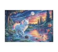 White Wolf with Rainbow Tail in Floral Night Lake 1000 Piece Jigsaw Puzzle for Adults Lunch Break Activity Quick Escape No Duplicate Pieces for Busy Professionals 1000 PCS