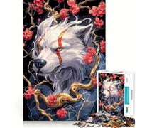White Wolf with Red Markings And Flowers Jigsaw Puzzles 1000 Cognitive Skill Toy Smooth Burr Free Surface Relaxing Indoor Group Activity (50x75cm)